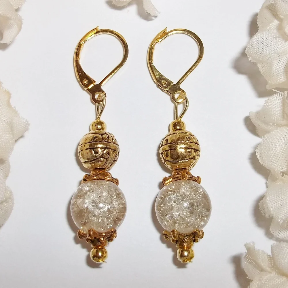Gold & Clear Beaded Handmade Earring Set NWT Dangle Drop Dangly Handmade 4304